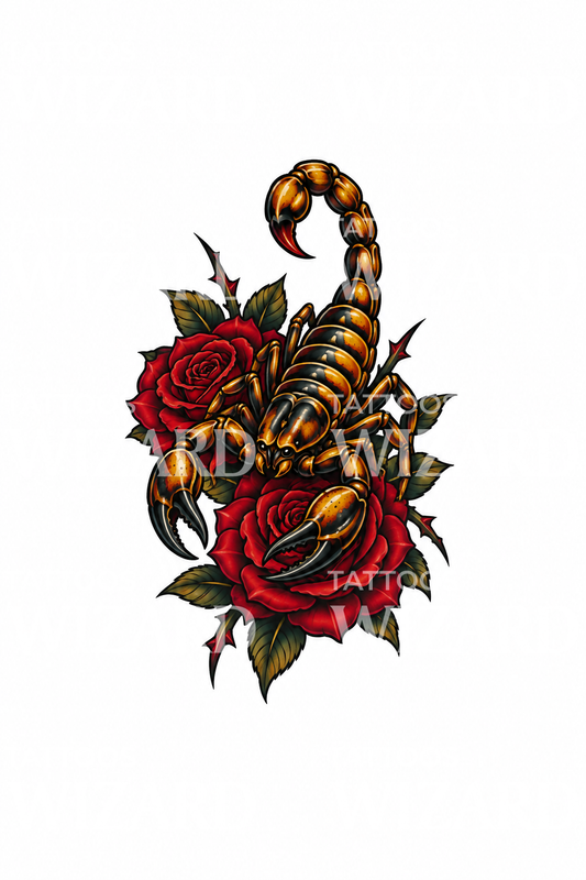 Tattoo-Design Skorpion auf roten Rosen