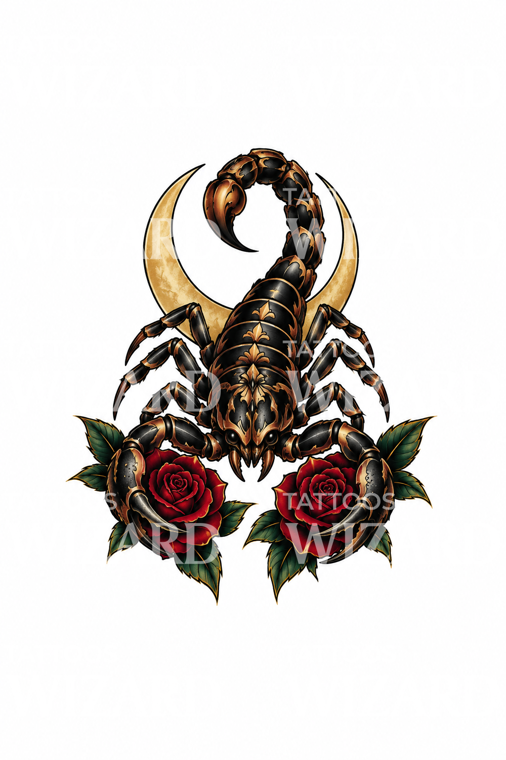 Schorpioentattoo met halve maan en rozen