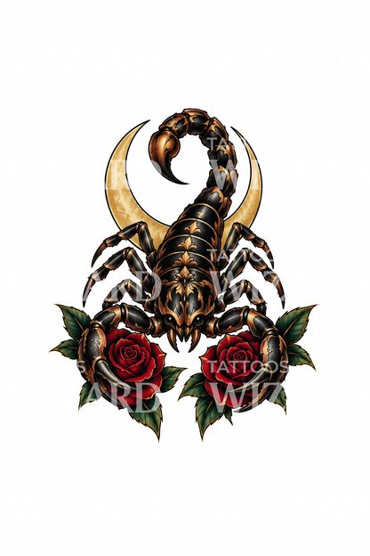 Schorpioentattoo met halve maan en rozen