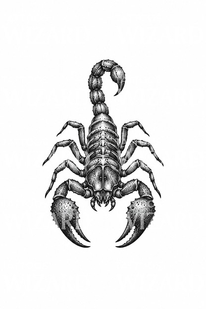 Dotwork-skorpionitatuointi kohotetulla pyrstöllä