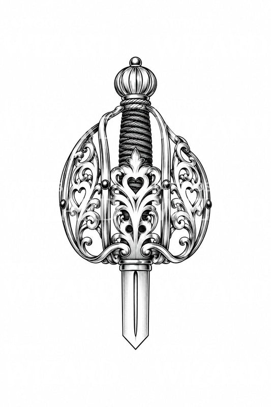 Diseño de tatuaje de guardamanos de espada escocesa de cesta
