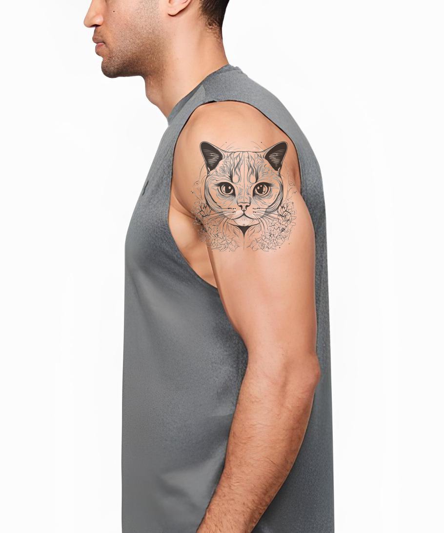 Design de Tatuagem de Cabeça de Gato Scottish Fold com Padrões Florais