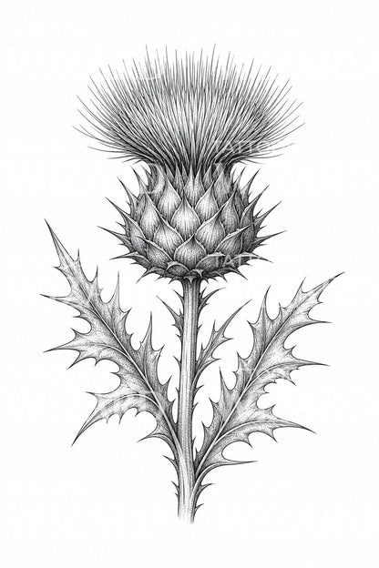 Scottish Thistle Fine Line Tattoo Design