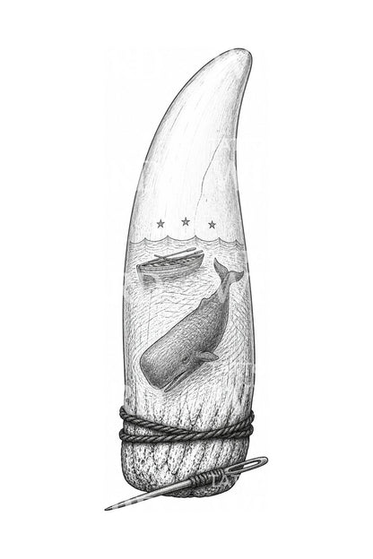 Design per tatuaggio di dente di balena in stile scrimshaw
