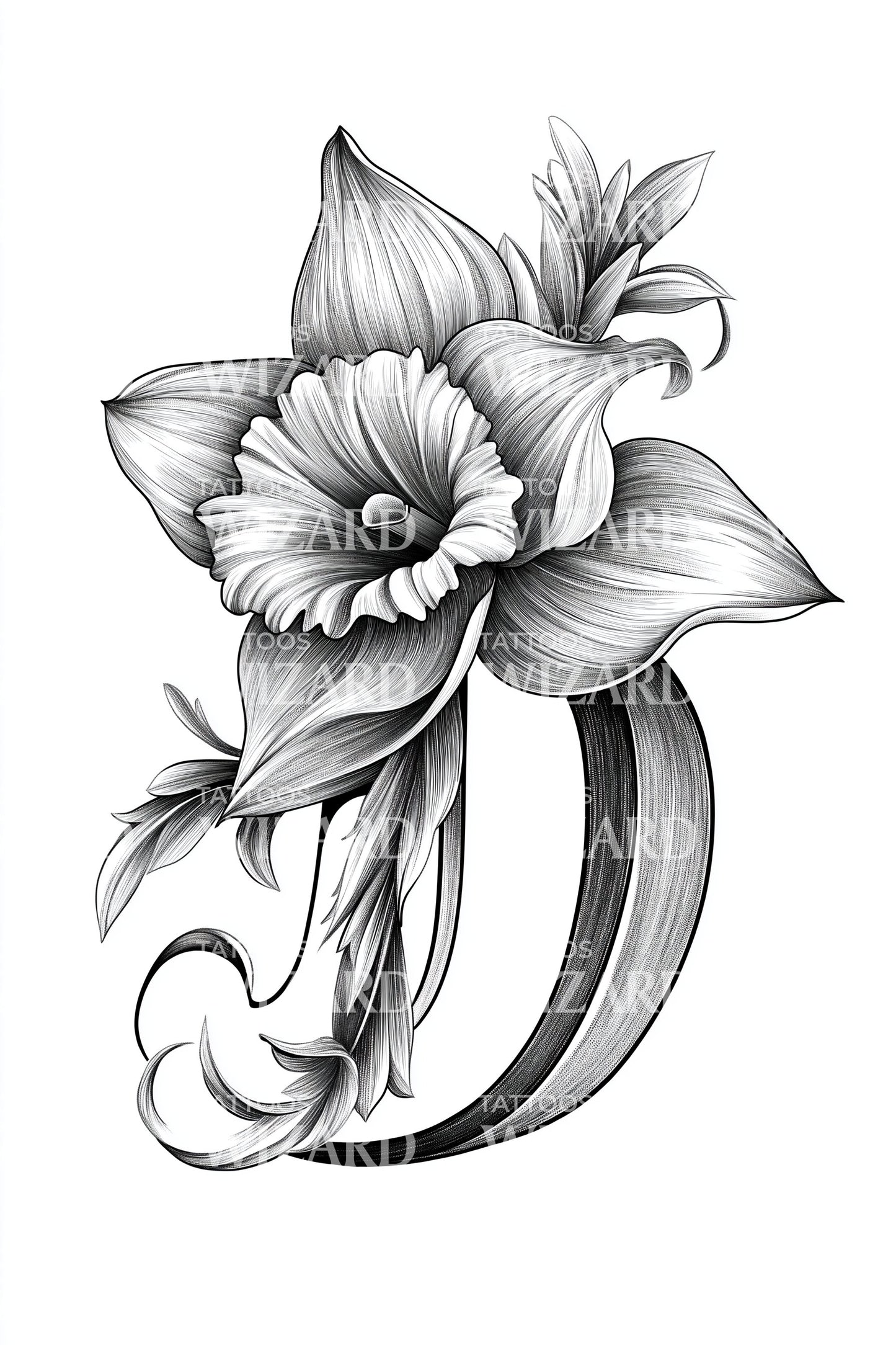 Script Daffodil Monogram Tattoo Illustration