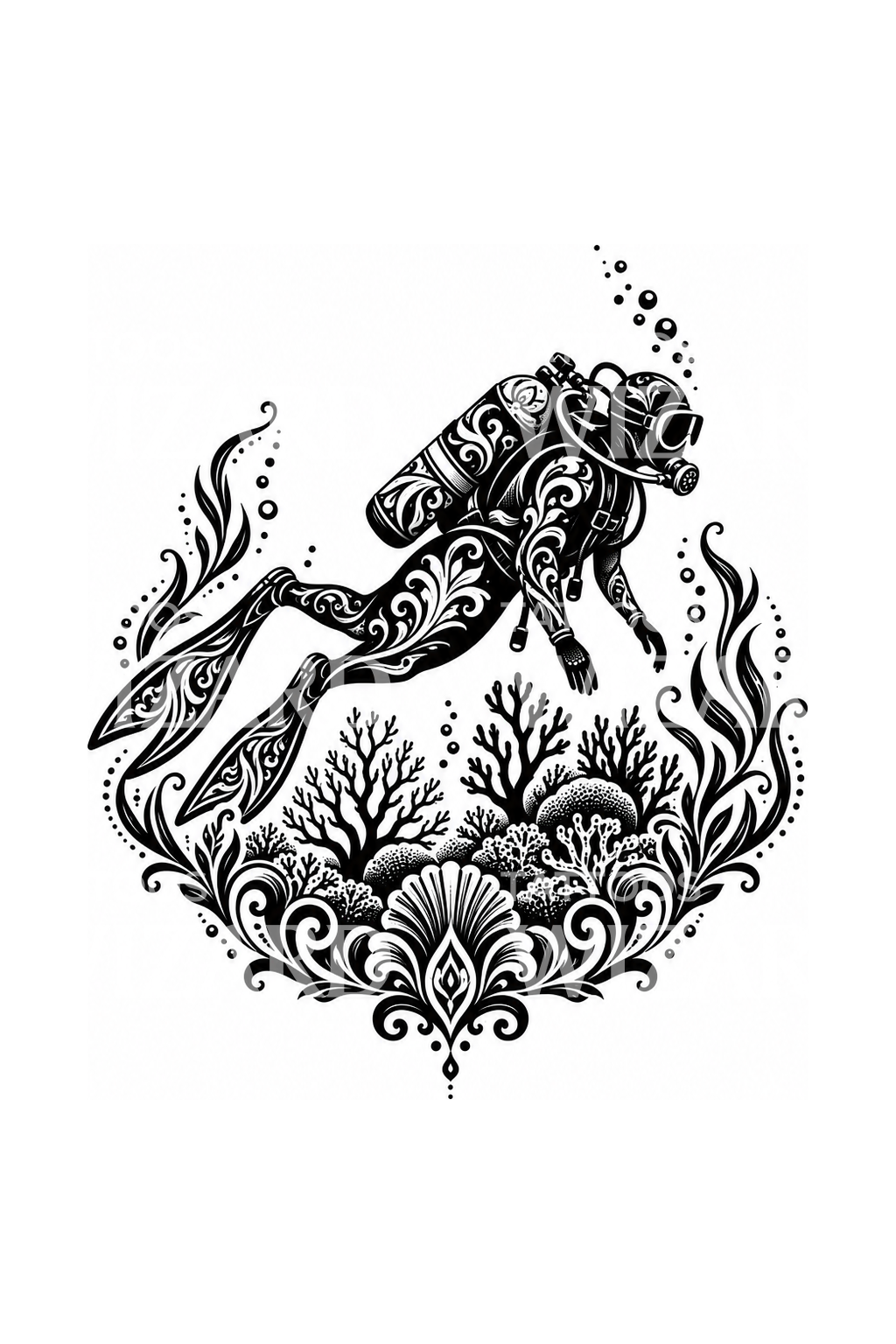 Scuba Diver Coral Reef Ornamental Tattoo – Tattoos Wizard Designs