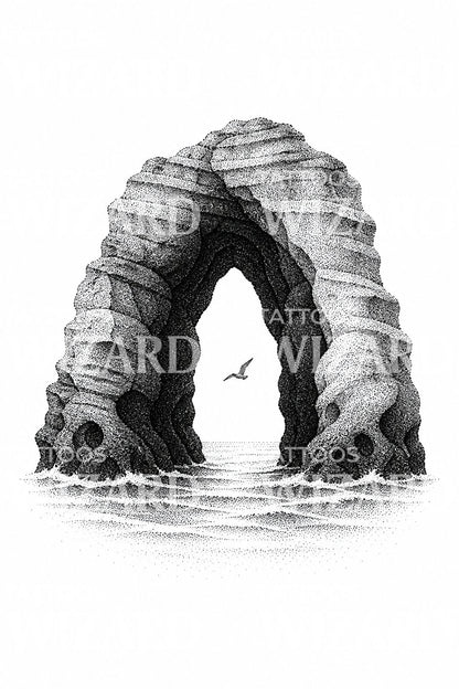 Sea Cave Arch Dotwork Tattoo Design
