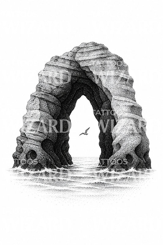 Motif de tatouage dotwork d'arche de grotte marine