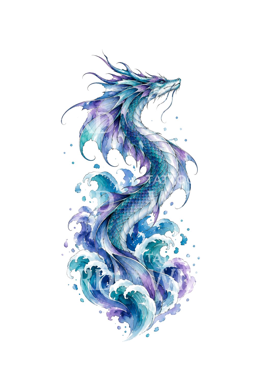 Illustrazione di drago marino che emerge da onde viola
