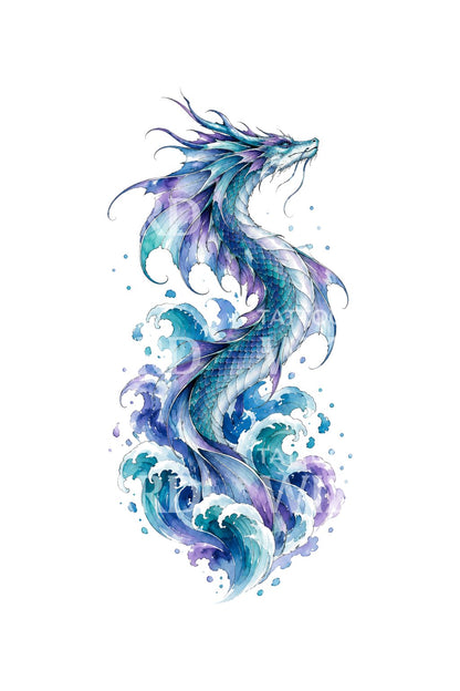 Illustrazione di drago marino che emerge da onde viola