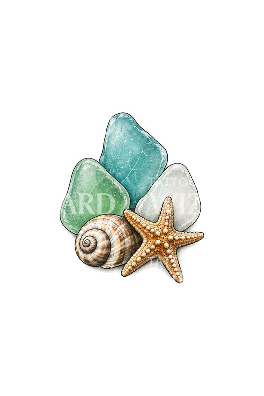Sea Glass Shell and Starfish Micro Tattoo Idea