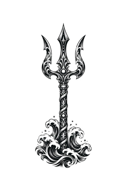 Sea God Trident Wave Crest Tattoo Design