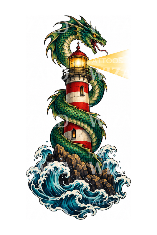 Sea Serpent Coiled around a Lighthouse Tattoo Illustration
