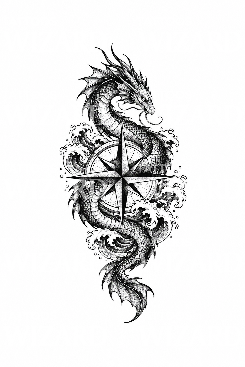 Merikäärme kietoutuneena kompassiruusun ympärille, dotwork-tatuointi