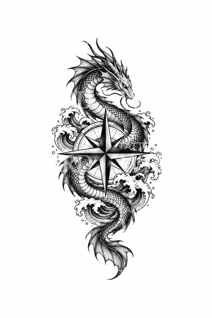 Merikäärme kietoutuneena kompassiruusun ympärille, dotwork-tatuointi