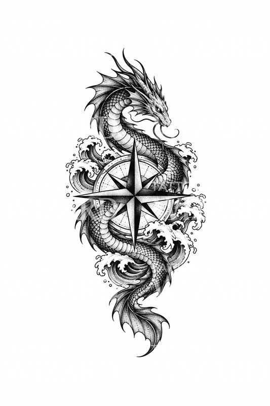 Serpente marino avvolto intorno alla rosa dei venti, tatuaggio dotwork