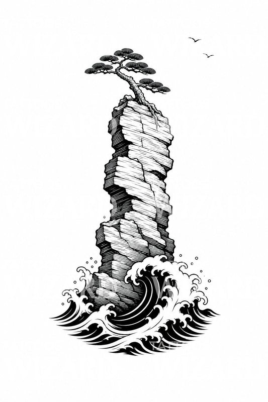Idea per tatuaggio con scoglio marino e pino