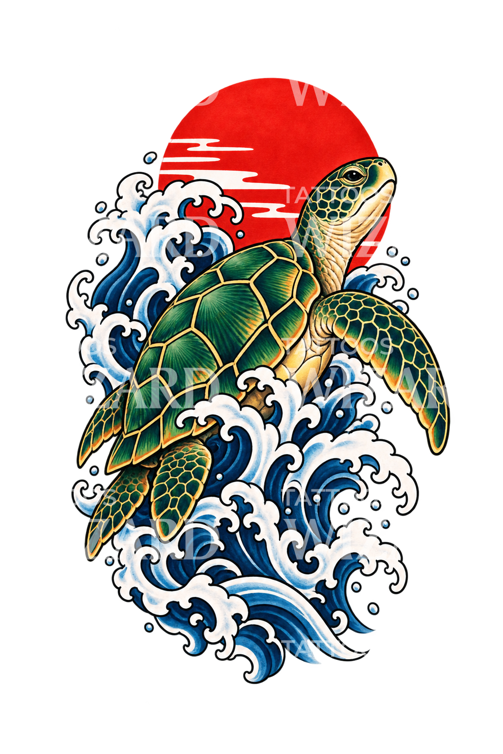 海亀と昇る太陽の和風タトゥー