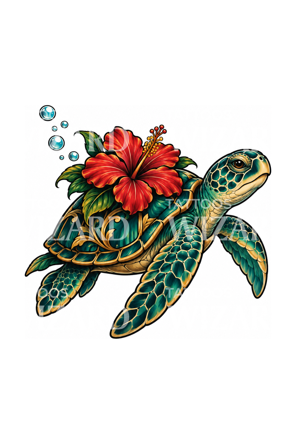 Sea Turtle Carrying Hibiscus Tattoo – Tattoos Wizard Designs
