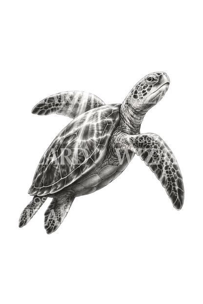 Ilustración de tatuaje de tortuga marina entre rayos de sol