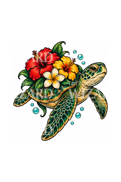 Sea Turtle with Hibiscus Shell Tattoo Design