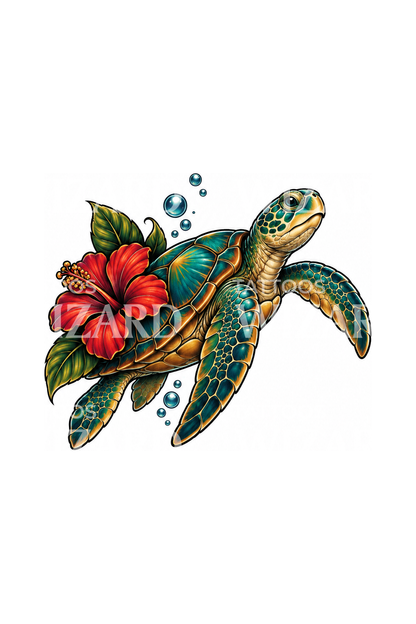 Tatoveringsillustration af havskildpadde med hibiscus