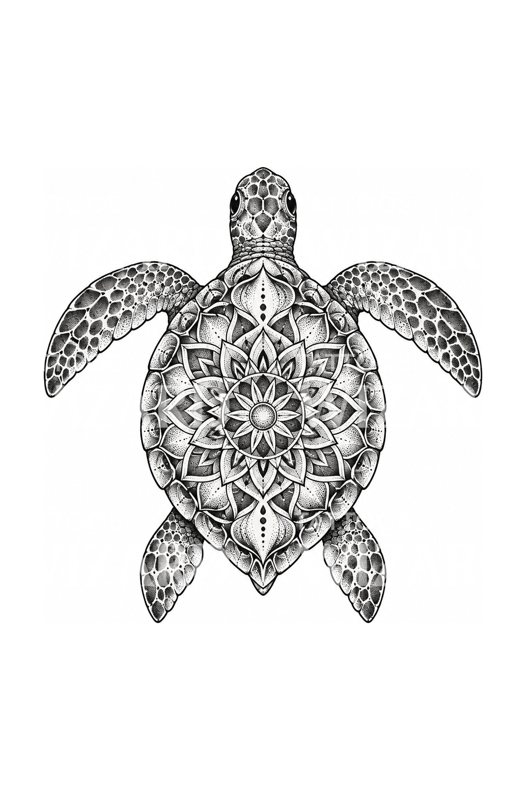 Mořská želva s mandalovým krunýřem, dotwork tetování