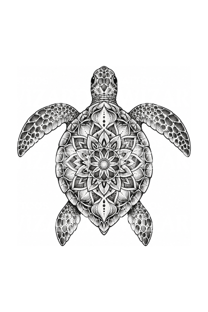 Mořská želva s mandalovým krunýřem, dotwork tetování