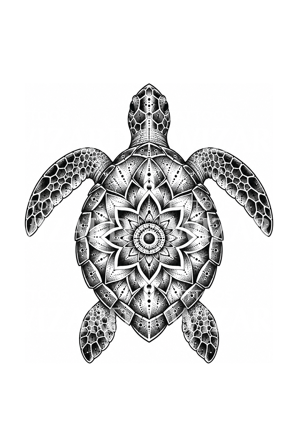 Tartaruga marina con guscio mandala in tatuaggio dotwork