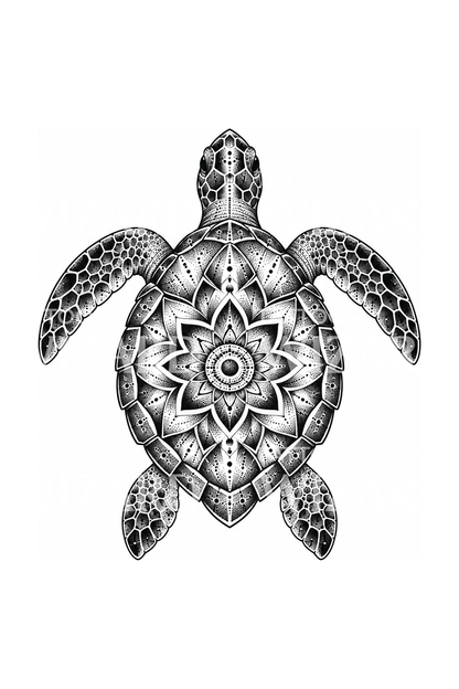 Tartaruga marina con guscio mandala in tatuaggio dotwork