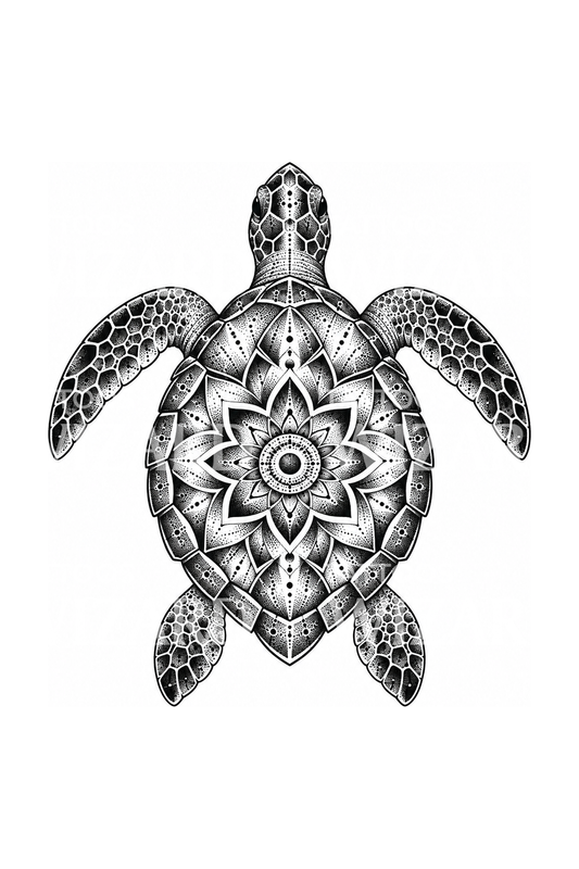 Sea Turtle with Mandala Shell Dotwork Tattoo