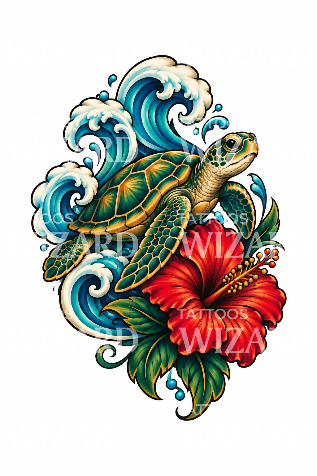 Sea Turtle with Red Hibiscus and Waves Tattoo