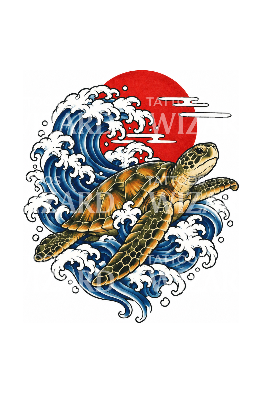 海龟、浪花与朝阳纹身设计