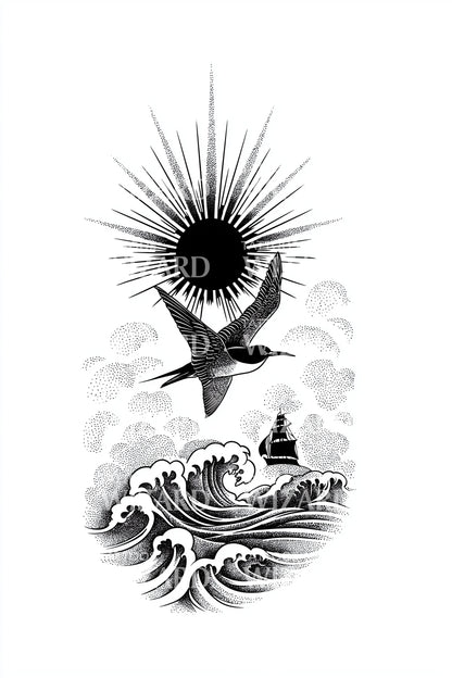 海鸟日蚀波浪纹身设计