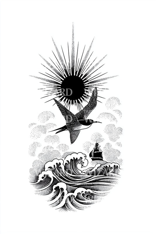 Seabird Eclipse Golven Tatoeage Ontwerp
