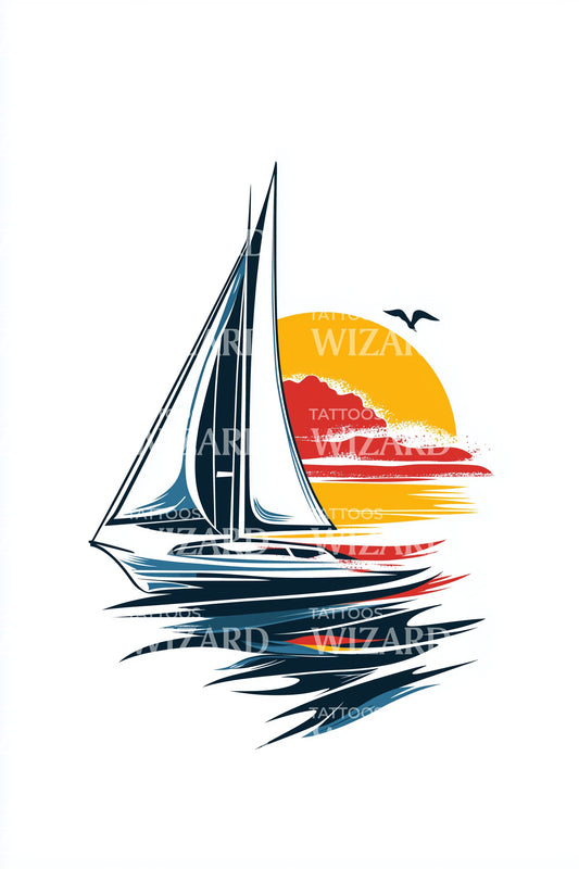 Zeebird Zonsondergang Zeil Tattoo Ontwerp