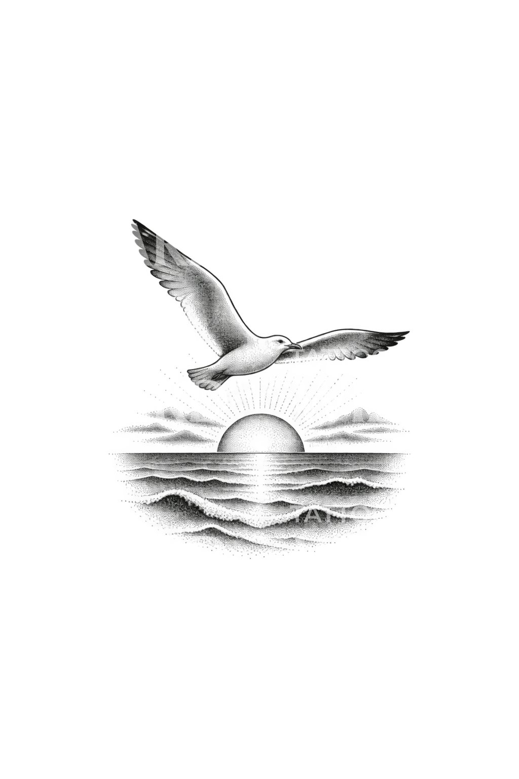 Desain tato burung camar di atas laut bertitik saat matahari terbenam