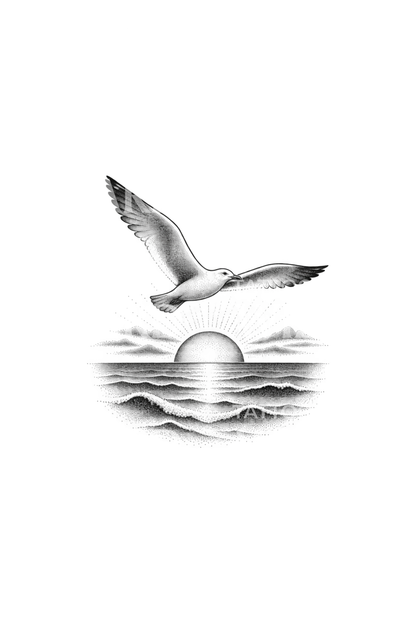 Desain tato burung camar di atas laut bertitik saat matahari terbenam