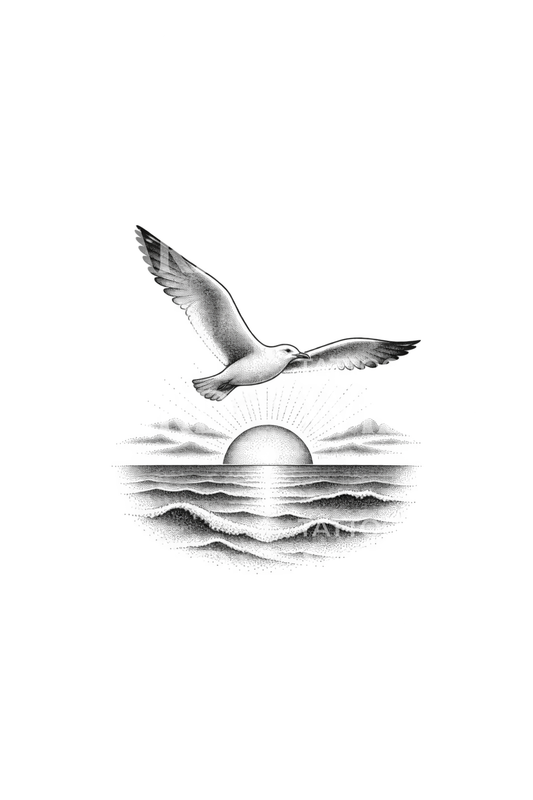 Seagull over a Stippled Sea Sunset Tattoo Design