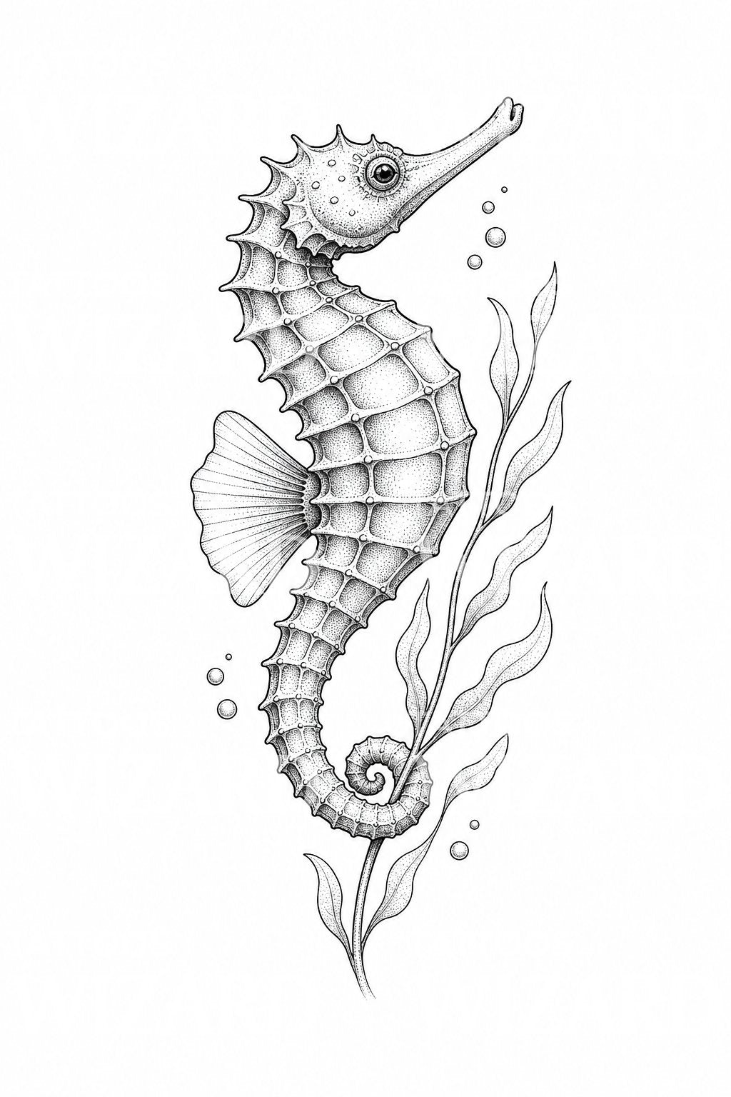 Tetovací návrh mořského koníka a chaluhy v dotwork stylu