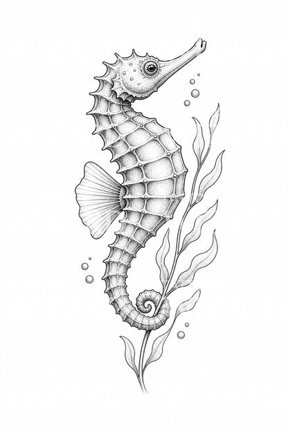 Tetovací návrh mořského koníka a chaluhy v dotwork stylu