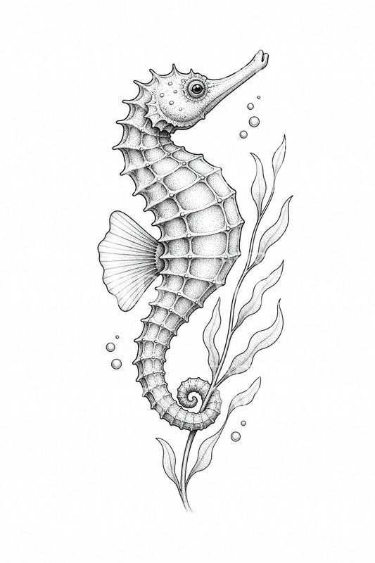 Design de tatuagem dotwork de cavalo-marinho e algas
