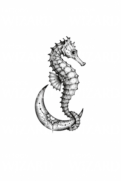 Dotwork-tatoveringsdesign med søhest på en halvmåne