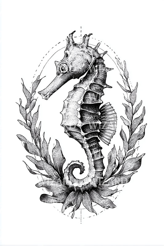 Seahorse Laurel Wreath Tattoo Design