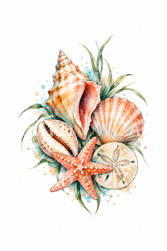 Aquarell-Tattoo-Design mit Muscheln und Seestern