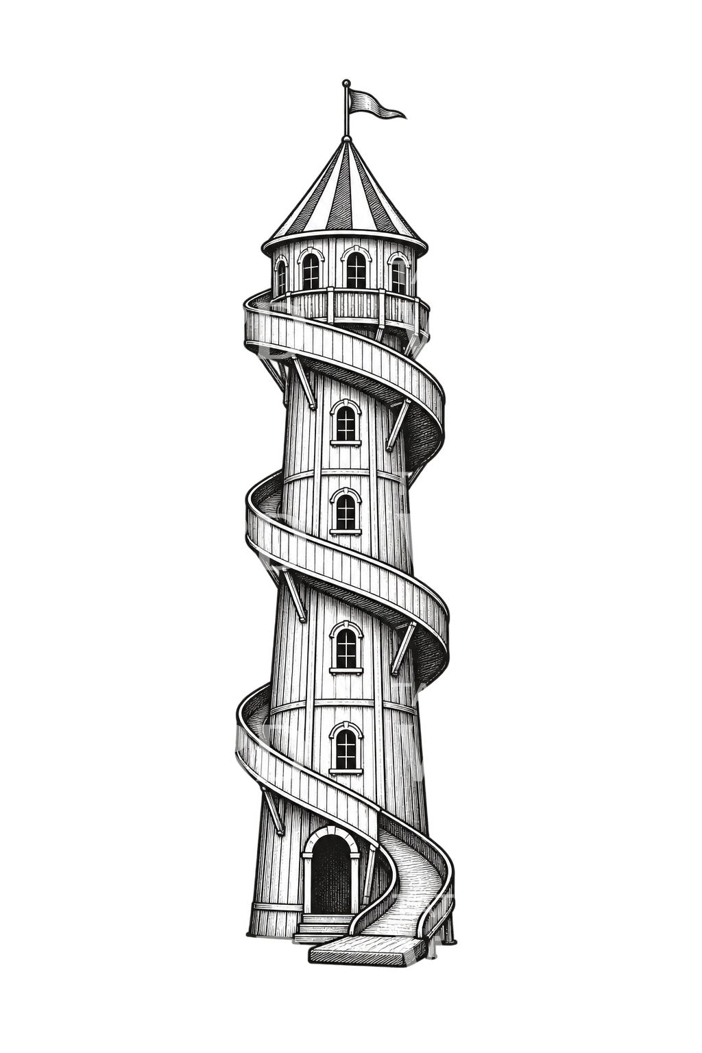 Ilustración de tatuaje de torre helter skelter junto al mar
