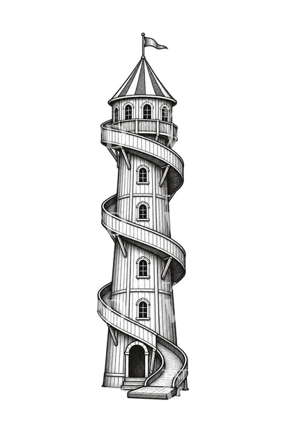 Ilustración de tatuaje de torre helter skelter junto al mar