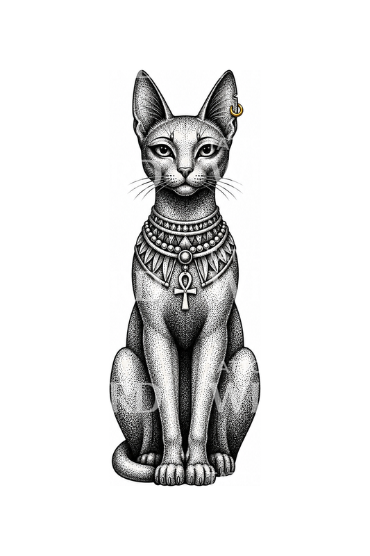 Dotwork-tatuering av en sittande Bastet-kattstaty