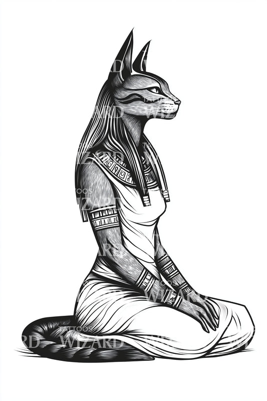Sitzende Bastet Katzen Tattoo Illustration