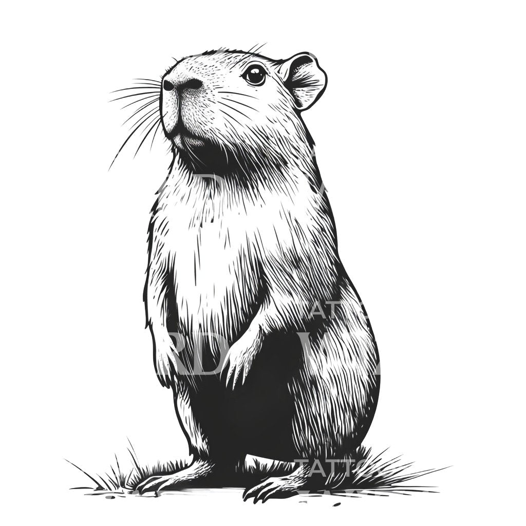 Seated Capybara in Tranquil Setting Tattoo Design